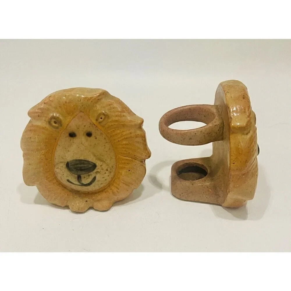 Vintage Lion Napkin Rings Stoneware Zoo Holders  Ceramic Safari Animals Pottery